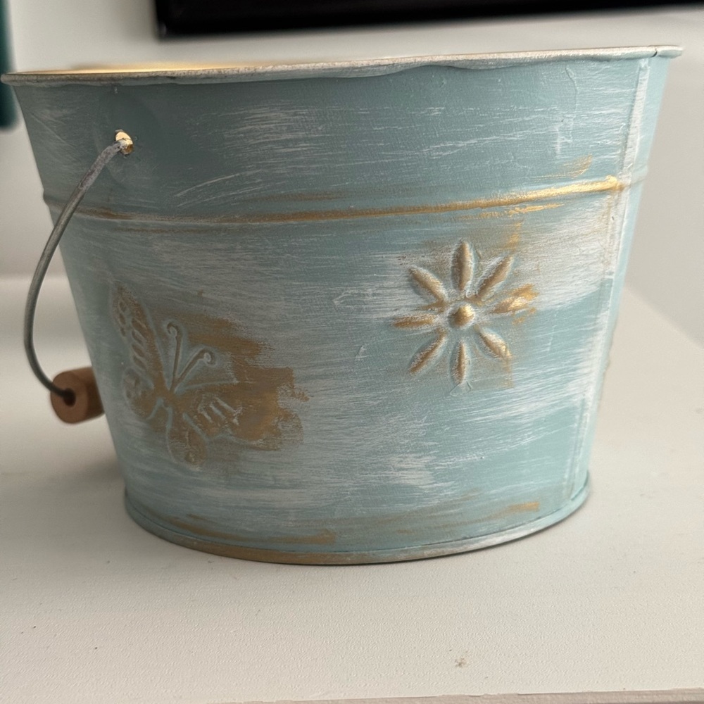 Blue Metal Buckets with Gold Accents and Gold Inside Decorative Use - Picture 4 of 8